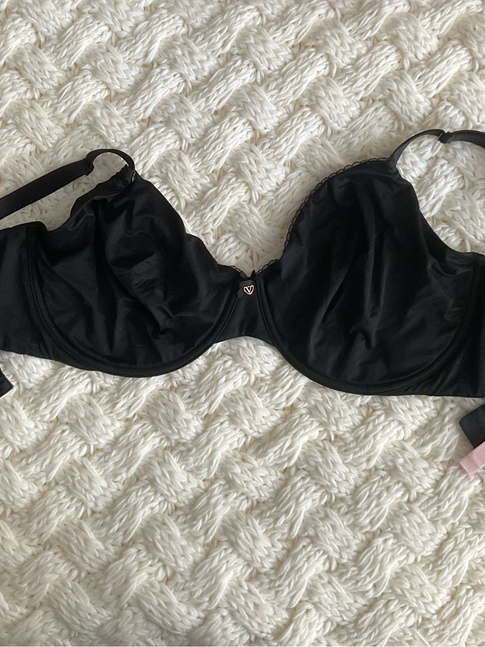 Victoria's Secret Black Satin Underwire Bra with Heart Charm, 42DD
